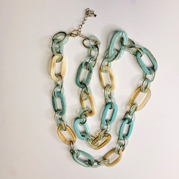 Two Tone Link Chain Necklace Blue and Beige Gold Chain Necklace - Picture 1 of 9